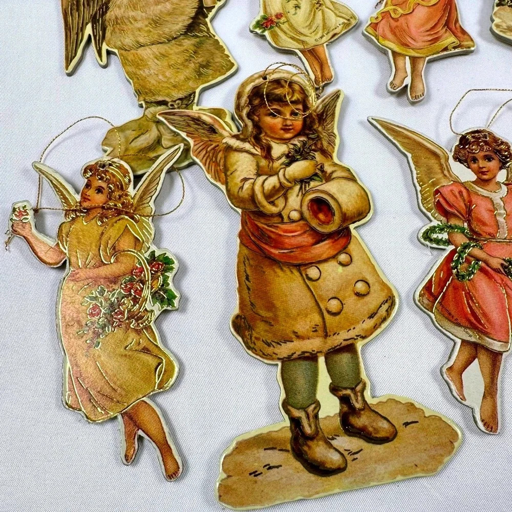 Vintage 70s 80s Merrimack Victorian Style Paper Christmas Ornaments Set 9pc